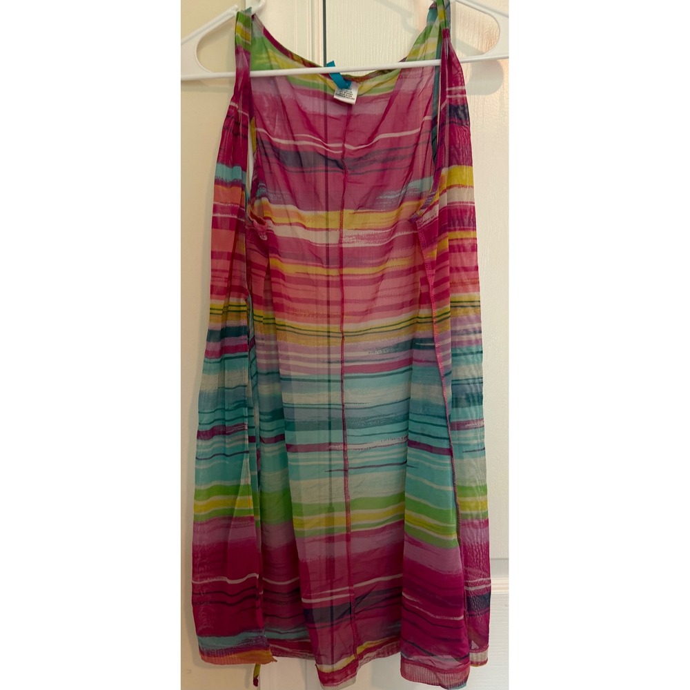 BCBG Max Azria Swim Mesh Cover Up Dress Pink Multi Stripe Sleeveless Sheer M